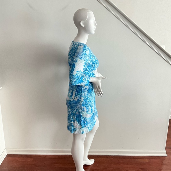 Lilly Pulitzer Blue Toile Me About It Sophie Dress White Long Sleeve UPF 50 L - Picture 11 of 12